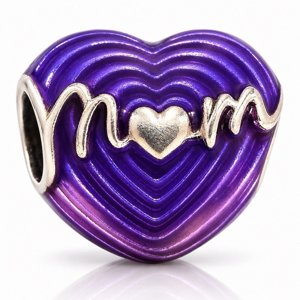 PANDORA 791160C01 Radiating Love Mom Heart Charm Purple Enamel Sterling Silver